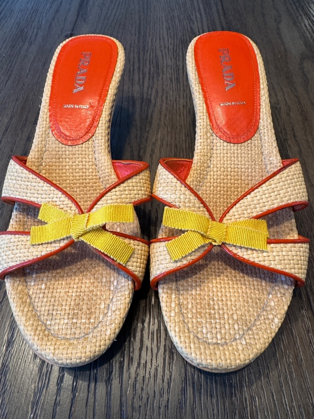 Prada Beige Raffia Slide Mules with Yellow Bow and Coral Trim - Picture 6 of 14